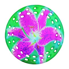 Hot Pink Stargazer Lily On Turquoise Blue And Green Ornament (round Filigree) by myrubiogarden