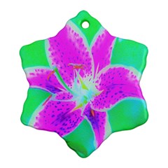 Hot Pink Stargazer Lily On Turquoise Blue And Green Snowflake Ornament (two Sides) by myrubiogarden