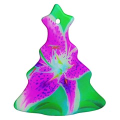 Hot Pink Stargazer Lily On Turquoise Blue And Green Christmas Tree Ornament (two Sides) by myrubiogarden