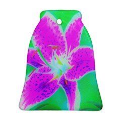 Hot Pink Stargazer Lily On Turquoise Blue And Green Bell Ornament (two Sides) by myrubiogarden