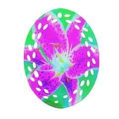 Hot Pink Stargazer Lily On Turquoise Blue And Green Ornament (oval Filigree) by myrubiogarden