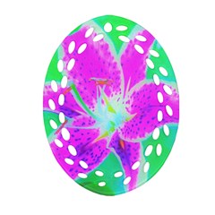 Hot Pink Stargazer Lily On Turquoise Blue And Green Oval Filigree Ornament (two Sides) by myrubiogarden