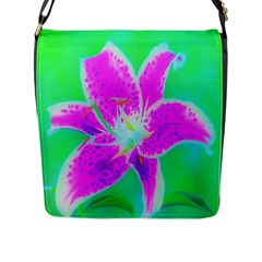 Hot Pink Stargazer Lily On Turquoise Blue And Green Flap Closure Messenger Bag (l) by myrubiogarden