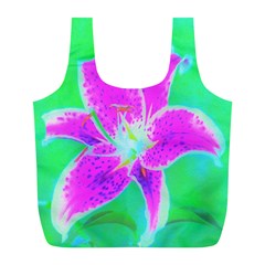 Hot Pink Stargazer Lily On Turquoise Blue And Green Full Print Recycle Bag (l) by myrubiogarden