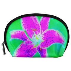 Hot Pink Stargazer Lily On Turquoise Blue And Green Accessory Pouch (large) by myrubiogarden