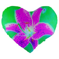 Hot Pink Stargazer Lily On Turquoise Blue And Green Large 19  Premium Flano Heart Shape Cushions by myrubiogarden
