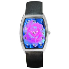 Beautiful Pastel Pink Rose With Blue Background Barrel Style Metal Watch by myrubiogarden