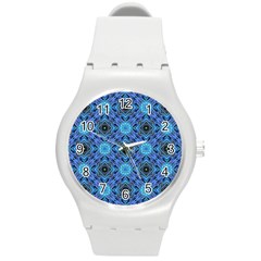 Blue Tile Wallpaper Texture Round Plastic Sport Watch (M)