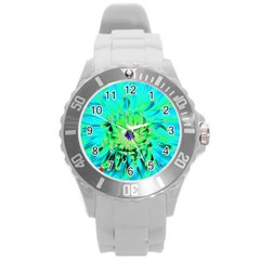 Aqua Cactus Dahlia Round Plastic Sport Watch (l) by myrubiogarden