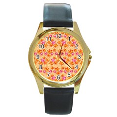 Maple Leaf Autumnal Leaves Autumn Round Gold Metal Watch by Pakrebo