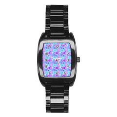 Flowers Light Blue Purple Magenta Stainless Steel Barrel Watch