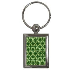 White Flowers Green Damask Key Chains (rectangle)  by Pakrebo