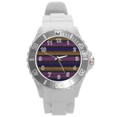 Stripes Pink Yellow Purple Grey Round Plastic Sport Watch (L)