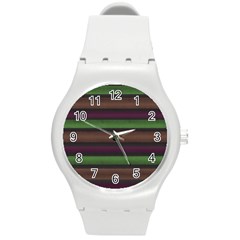 Stripes Green Brown Pink Grey Round Plastic Sport Watch (m) by BrightVibesDesign