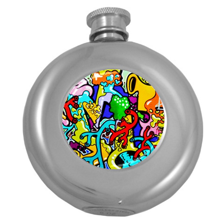 Graffiti abstract with colorful tubes and biology artery theme Round Hip Flask (5 oz)