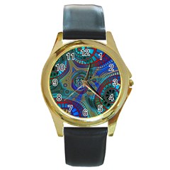 Fractal Abstract Line Wave Unique Round Gold Metal Watch by Alisyart