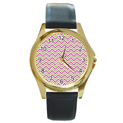 Abstract Chevron Round Gold Metal Watch