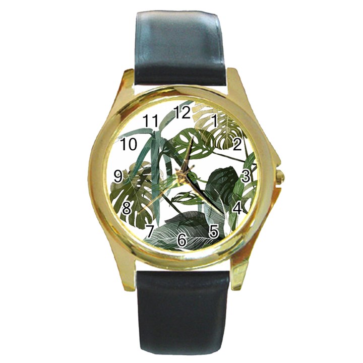 Botanical Illustration Palm Leaf Round Gold Metal Watch