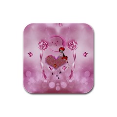 Cute Little Girl With Heart Rubber Square Coaster (4 Pack)  by FantasyWorld7