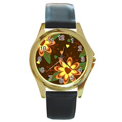 Floral Hearts Brown Green Retro Round Gold Metal Watch