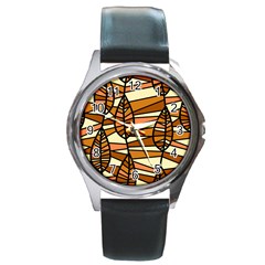 Autumn Leaf Mosaic Seamless Round Metal Watch