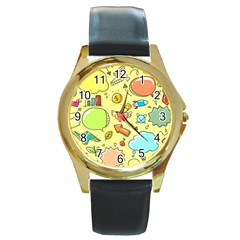 Cute Sketch Child Graphic Funny Round Gold Metal Watch by Pakrebo