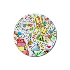 Doodle New Year Party Celebration Rubber Round Coaster (4 Pack)  by Pakrebo