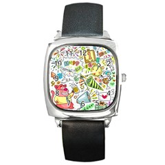 Doodle New Year Party Celebration Square Metal Watch by Pakrebo