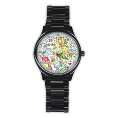 Doodle New Year Party Celebration Stainless Steel Round Watch by Pakrebo