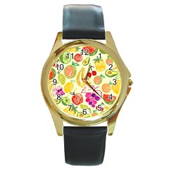 Seamless Pattern Fruit Round Gold Metal Watch by Mariart