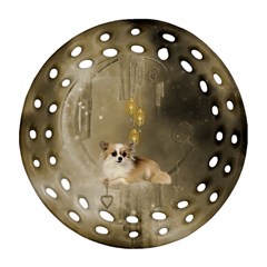 Cute Little Chihuahua With Hearts On The Moon Ornament (round Filigree) by FantasyWorld7