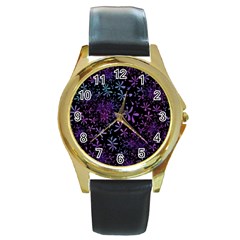 Retro Lilac Pattern Round Gold Metal Watch