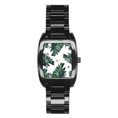 Watercolor Dark Green Banana Leaf Stainless Steel Barrel Watch