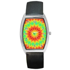 Kaleidoscope Background Mandala Red Green Barrel Style Metal Watch