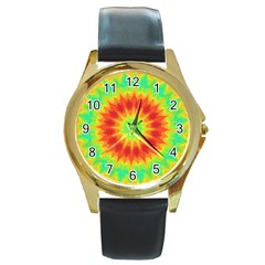 Kaleidoscope Background Red Yellow Round Gold Metal Watch by Mariart