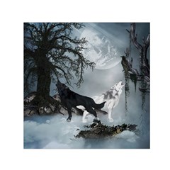 Awesome Black And White Wolf In The Dark Night Small Satin Scarf (square) by FantasyWorld7
