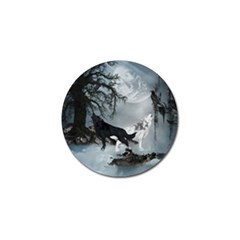 Awesome Black And White Wolf In The Dark Night Golf Ball Marker by FantasyWorld7
