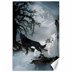 Awesome Black And White Wolf In The Dark Night Canvas 24  X 36  by FantasyWorld7