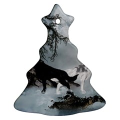 Awesome Black And White Wolf In The Dark Night Ornament (christmas Tree)  by FantasyWorld7