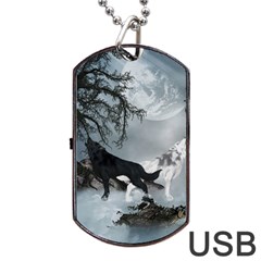 Awesome Black And White Wolf In The Dark Night Dog Tag Usb Flash (two Sides) by FantasyWorld7