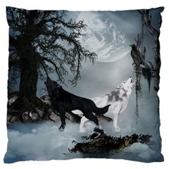 Awesome Black And White Wolf In The Dark Night Large Cushion Case (one Side) by FantasyWorld7