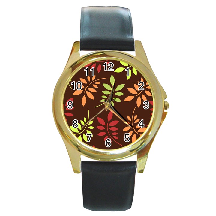 Leaves Foliage Pattern Design Round Gold Metal Watch