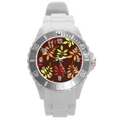Leaves Foliage Pattern Design Round Plastic Sport Watch (l) by Mariart
