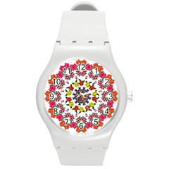 Tile Background Image Color Pattern Flowers Round Plastic Sport Watch (m) by Pakrebo