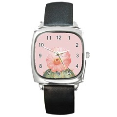 Cactus flower on pink ink Square Metal Watch