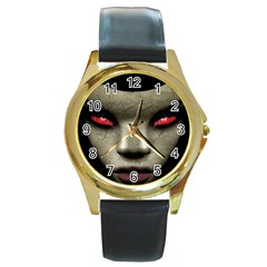 Evil Nun Close Up Portrait Illustration Round Gold Metal Watch by dflcprintsclothing