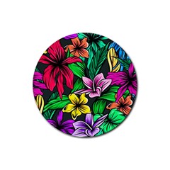 Neon Hibiscus Rubber Round Coaster (4 Pack)  by retrotoomoderndesigns