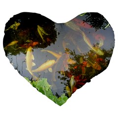 Koi Fish Pond Large 19  Premium Flano Heart Shape Cushions by StarvingArtisan