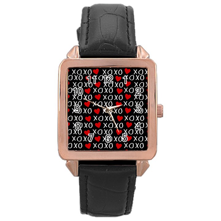 XO Valentines day pattern Rose Gold Leather Watch 