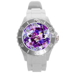 Pretty Purple Pansies Round Plastic Sport Watch (l) by retrotoomoderndesigns